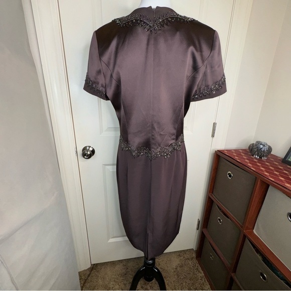 Vintage Oleg Cassini Black Tie Brown Satin Beaded Short Sleeve Dress Sz 12 - Picture 5 of 17